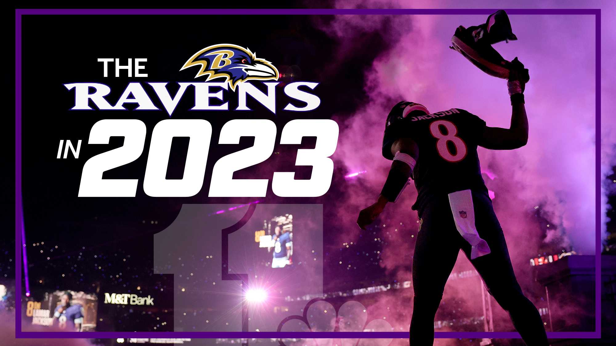 Text "The Ravens in 2023" over an image of Lamar Jackson walking onto the field